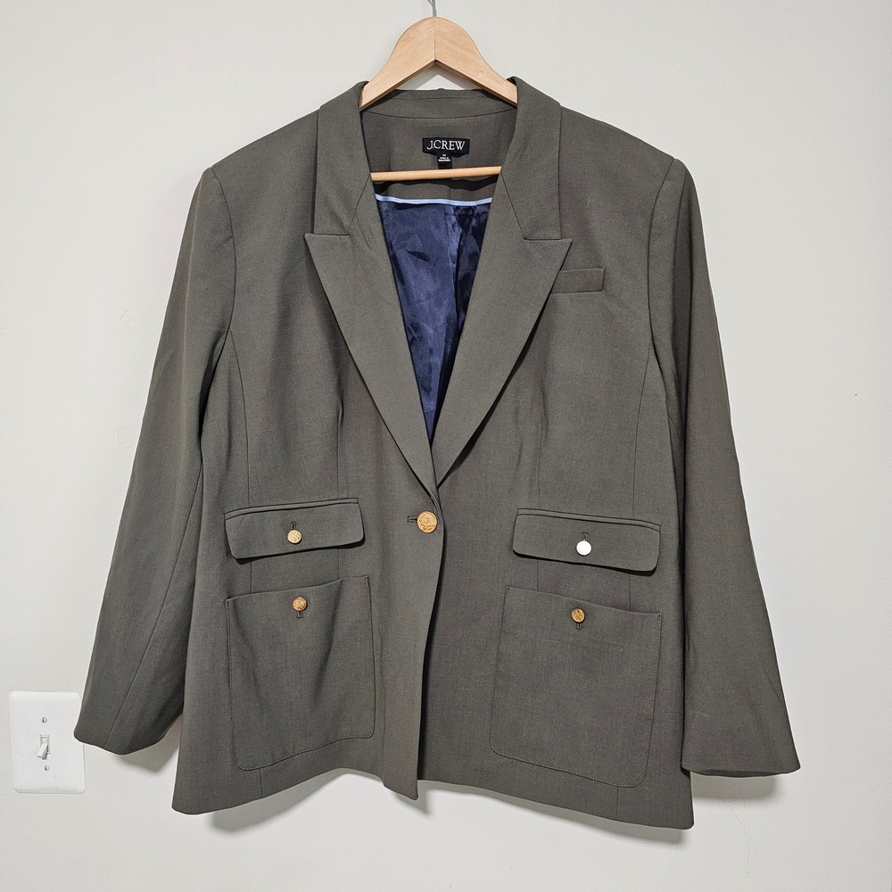 J.Crew 24W Vivienne Blazer Bi-Stretch Wool Blend Olive Green Gold Button Carreer